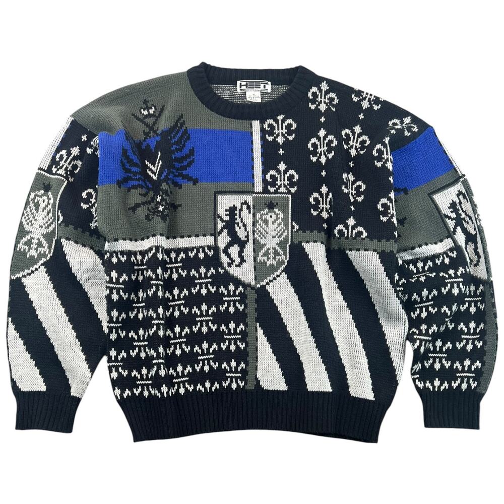 Vintage 80s HEET Sportswear Graphic Sweater Mens XL Fleur De Lis Crest Eagle
